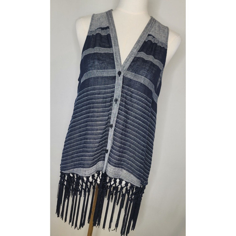 Rebecca Minkoff Fringe Linen Blend Sleeveless Button Front Top Medium‎